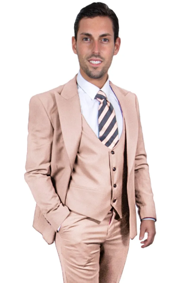 Mens Stacy Adams Suit - Stacy Adams Suit Men's Beige Suit with Vested One Button Peak Lapel sold by Alberto Nardoni