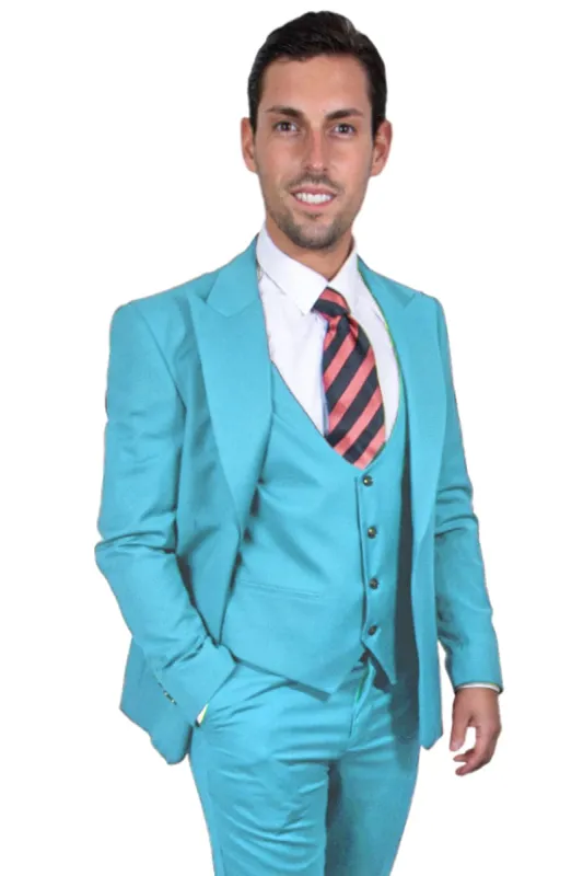 Mens Stacy Adams Suit -Stacy Adams Suit Men's Vested Suit - One Button Peak Lapel in Sky Blue sold by Alberto Nardoni