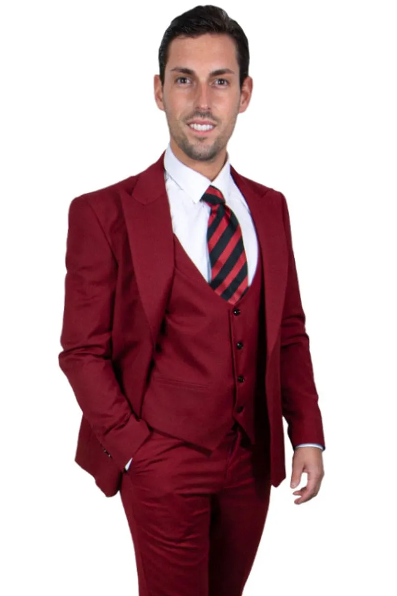 Mens Stacy Adams Suit - Stacy Adams Suit Men's Vested Suit - Cherry Red with One Button Peak Lapel sold by Alberto Nardoni