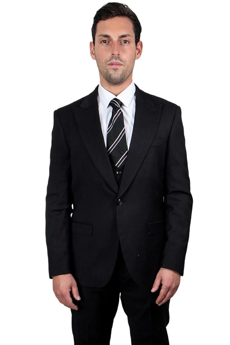 Mens Stacy Adams Suit - Stacy Adams Suit Men's Black Suit - One Button Peak Lapel with Vest sold by Alberto Nardoni