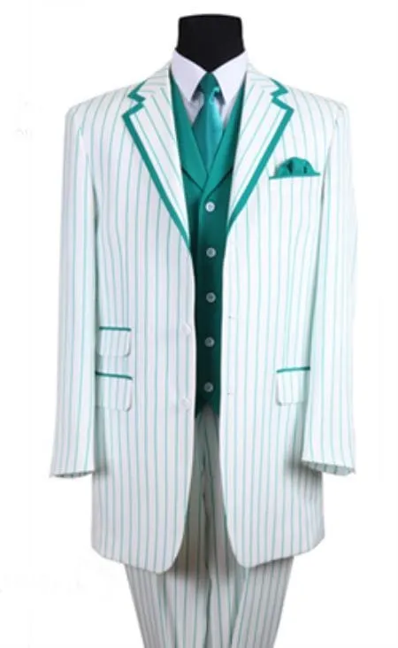 Mens Pimp Coat + Pimp Jacket Vest and Pants - Gangster Stripe Fabric White and Turquoise Suit sold by Alberto Nardoni