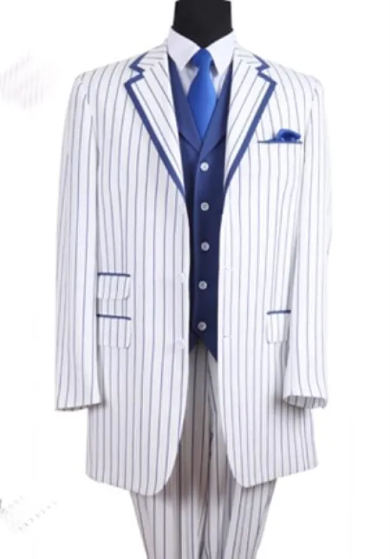 Mens Pimp Coat + Pimp Jacket Vest and Pants - Gangster Stripe White and Blue Suit sold by Alberto Nardoni