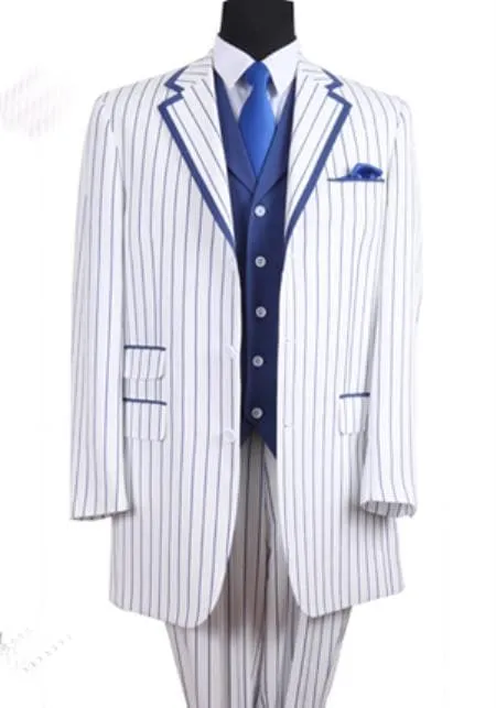 Mens Pimp Coat + Pimp Jacket Vest and Pants - Gangster Stripe White and Blue Suit sold by Alberto Nardoni