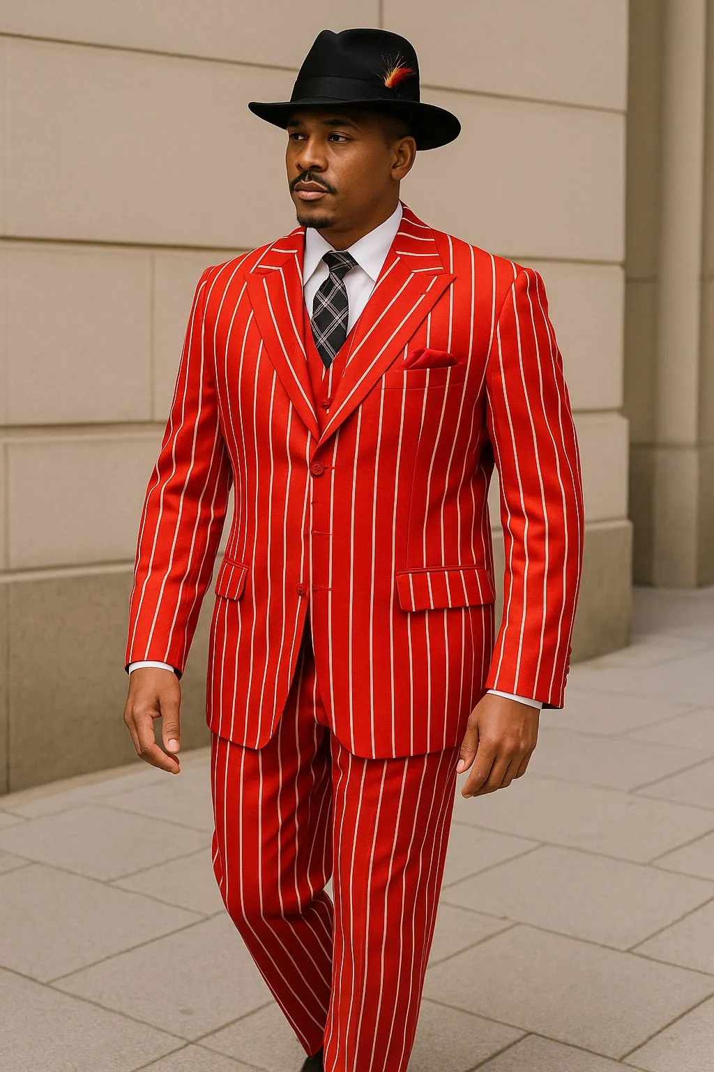 Mens Pimp Coat + Pimp Jacket Vest and Pants - Gangster Red and White Pinstripe Fabric Suit sold by Alberto Nardoni product image thumbnail 4