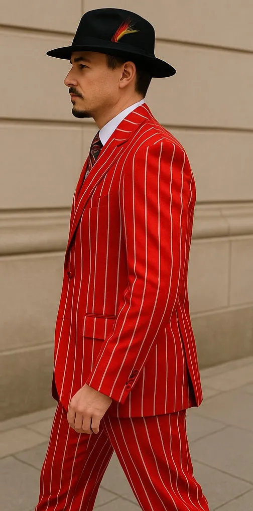 Mens Pimp Coat + Pimp Jacket Vest and Pants - Gangster Red and White Pinstripe Fabric Suit sold by Alberto Nardoni product image thumbnail 2