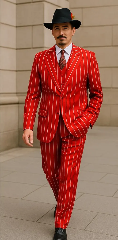 Mens Pimp Coat + Pimp Jacket Vest and Pants - Gangster Red and White Pinstripe Fabric Suit sold by Alberto Nardoni product image thumbnail 5
