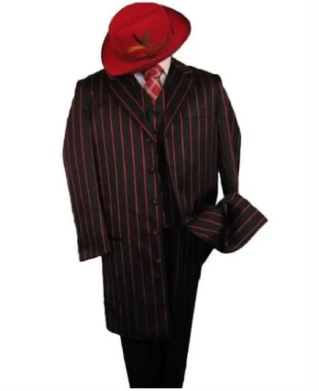 Mens Pimp Coat + Pimp Jacket Vest and Pants - Gangster Stripe Black and Red Fabric Suit sold by Alberto Nardoni