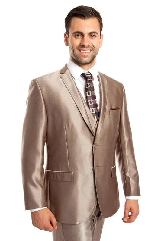 Men's Two Button Vested Shiny Sharkskin Wedding & Prom Fashion Suit In Dark Taupe sold by Alberto Nardoni