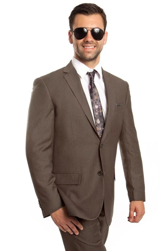 Men's Two Button Regular Fit Micro Pinstripe Business Suit In Taupe sold by Alberto Nardoni