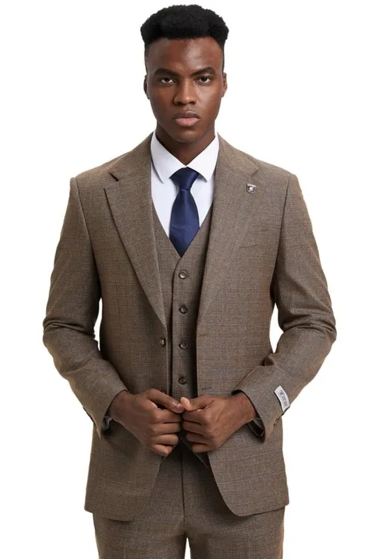 Men's Stacy Adams Modern Fit Vested Suit In Taupe Micro Check Plaid sold by Alberto Nardoni