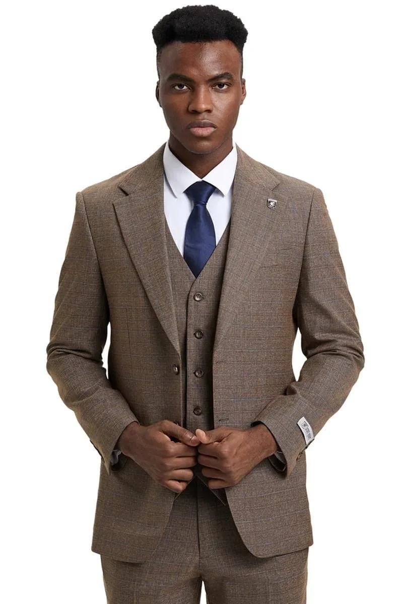 Men's Stacy Adams Modern Fit Vested Suit In Taupe Micro Check Plaid sold by Alberto Nardoni