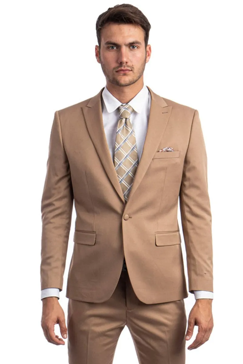 Men's One Button Peak Lapel Basic Slim Fit Suit In Dark Taupe sold by Alberto Nardoni