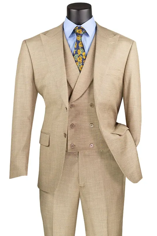 Men's Summer Sharkskin Suit With Double Breasted Vest In Tan sold by Alberto Nardoni