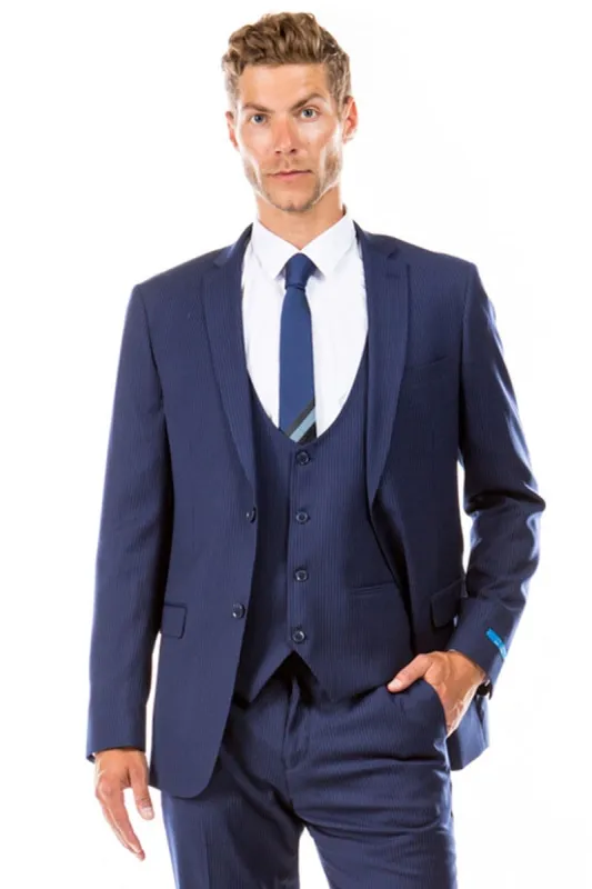 Mens Blue Pinstripe Suit   Two Button Vested Hybrid Fit Micro Mini Pinstripe Business Suit In Navy Blue sold by Alberto Nardoni