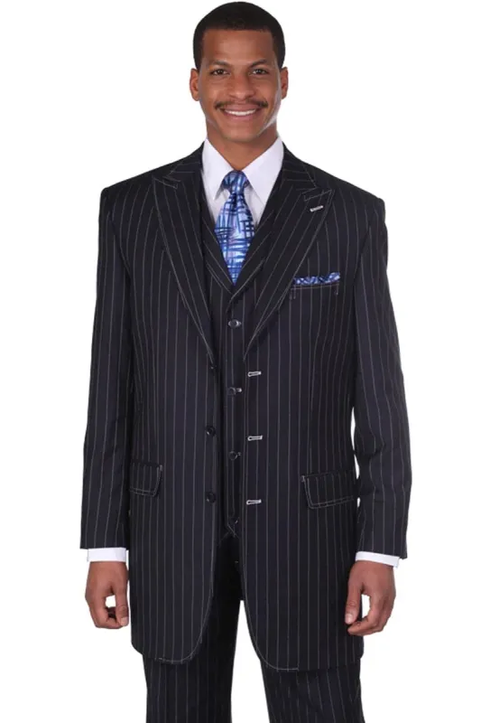 Mens Blue Pinstripe Suit Vintage Vested Gangster Bold Pinstripe Fashion Suit In Navy Blue sold by Alberto Nardoni
