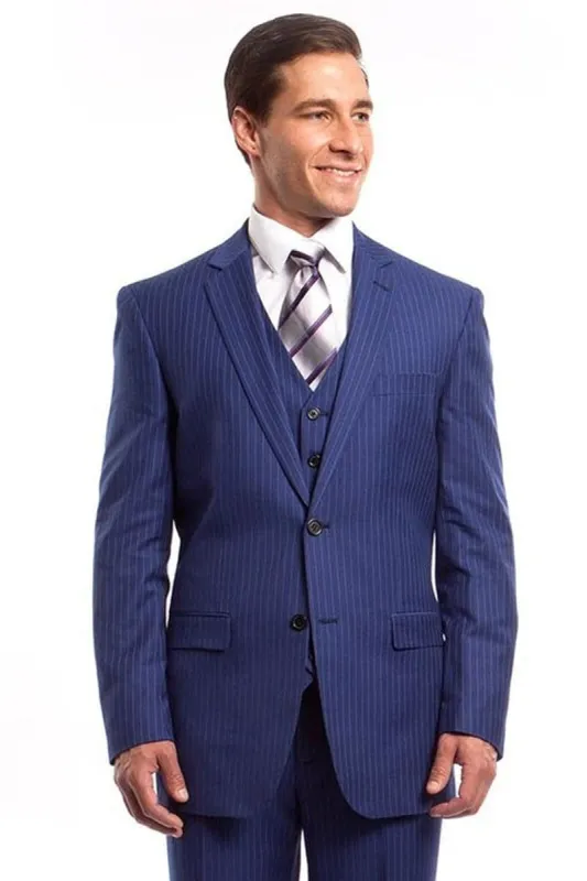 Mens Blue Pinstripe Suit Two Button Vested Business Suit In French Blue Pinstripe sold by Alberto Nardoni