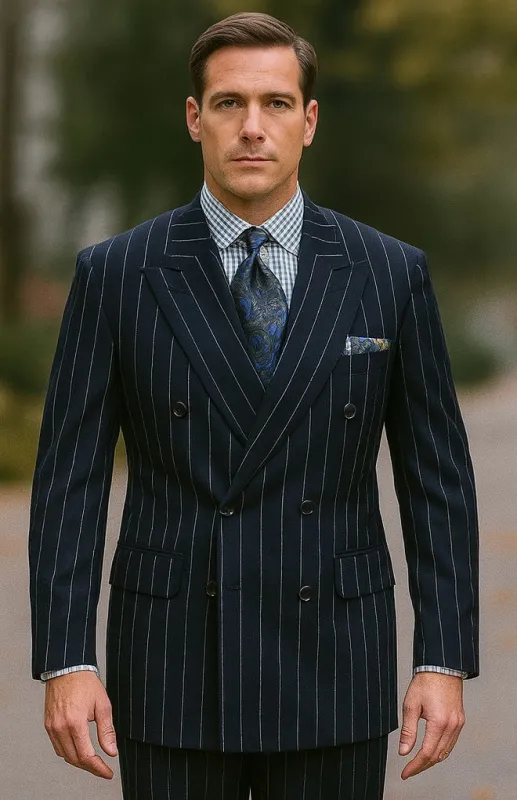 Mens Blue Pinstripe Suit Double Breasted 1920's Wide Bold Gangster Pinstripe Suit In Navy sold by Alberto Nardoni