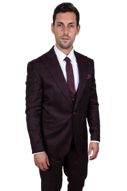 Mens Burgundy Plaid Suit Stacy Adams One Button Vested Peak Lapel Glen Plaid Suit In Burgundy sold by Alberto Nardoni