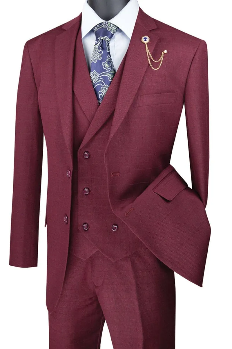 Mens Burgundy Plaid Suit 2 Button Double Breasted Vest Plaid Suit In Burgundy sold by Alberto Nardoni