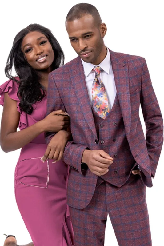 Mens Burgundy Plaid Suit Two Button Peak Lapel Vested Fashion Suit In Burgundy Windowpane Plaid sold by Alberto Nardoni