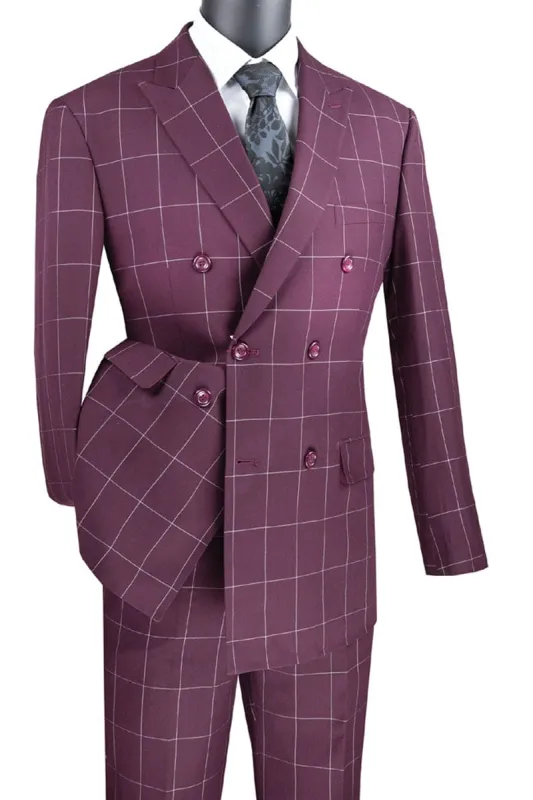 Mens Burgundy Plaid Suit Double Breasted Bold Windowpane Plaid Suit In Burgundy sold by Alberto Nardoni