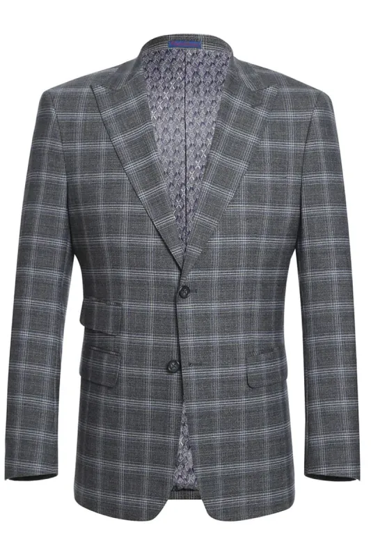 Mens Gray Plaid Suit Designer Two Button Slim Fit Peak Lapel Ticket Pocket Suit In Grey Blue Windowpane Plaid sold by Alberto Nardoni