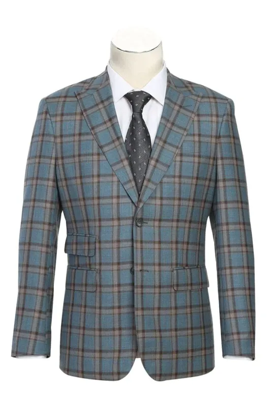 Mens Gray Plaid Suit Designer Two Button Slim Fit Peak Lapel Wool Suit In Grey Windowpane Plaid Check sold by Alberto Nardoni