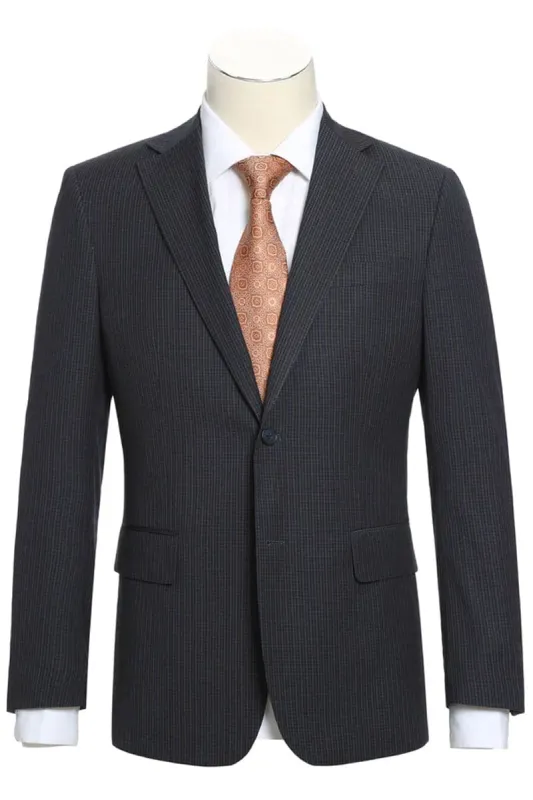 Mens Gray Plaid Suit Designer Two Button Slim Fit Suit In Grey Blue Check Plaid sold by Alberto Nardoni