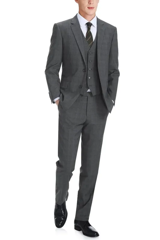Mens Gray Plaid Suit Two Button Classic Fit Vested Suit In Charcoal Grey Windowpane Plaid sold by Alberto Nardoni