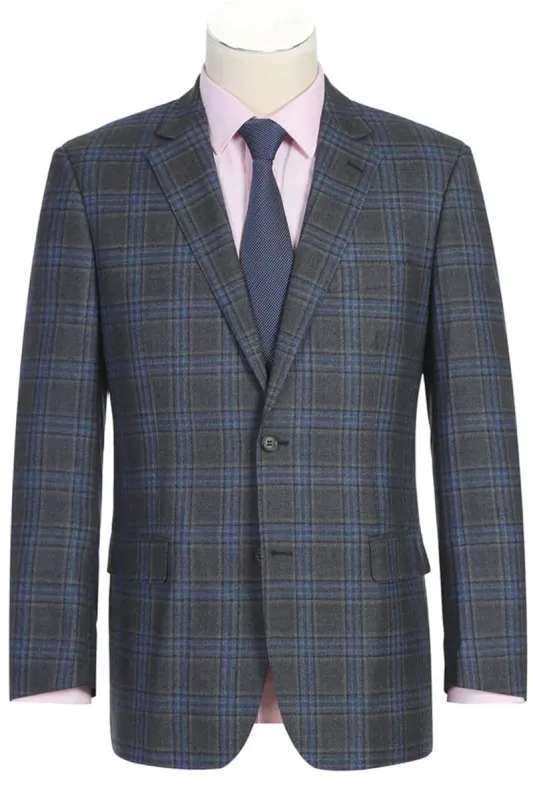 Mens Gray Plaid Suit Two Button Classic Fit Vested Wool Suit In Grey & Blue Windowpane Plaid sold by Alberto Nardoni