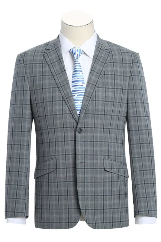 Mens Gray Plaid Suit Two Button Slim Fit Two Piece Hack Pocket Stretch Suit In Grey Windowpane Plaid sold by Alberto Nardoni