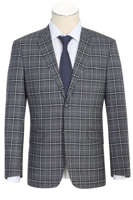 Mens Gray Plaid Suit Two Button Slim Fit Two Piece Suit In Charcoal Grey Bold Windowpane Plaid sold by Alberto Nardoni