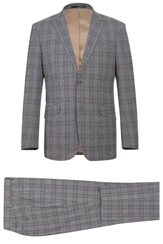 Mens Gray Plaid Suit Two Button Slim Fit Two Piece Suit In Grey & Bronze Windowpane Plaid sold by Alberto Nardoni