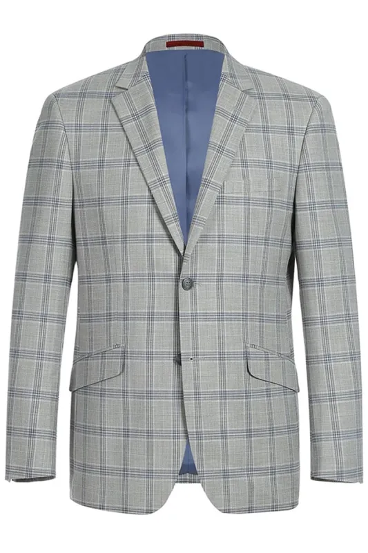 Mens Gray Plaid Suit Two Button Slim Fit Two Piece Suit In Light Grey & Blue Windowpane Plaid sold by Alberto Nardoni