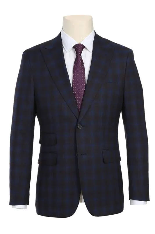 Mens Navy Plaid Suit  Designer Two Button Slim Fit Peak Lapel Suit In Navy Blue & Burgundy Windowpane Plaid Check sold by Alberto Nardoni