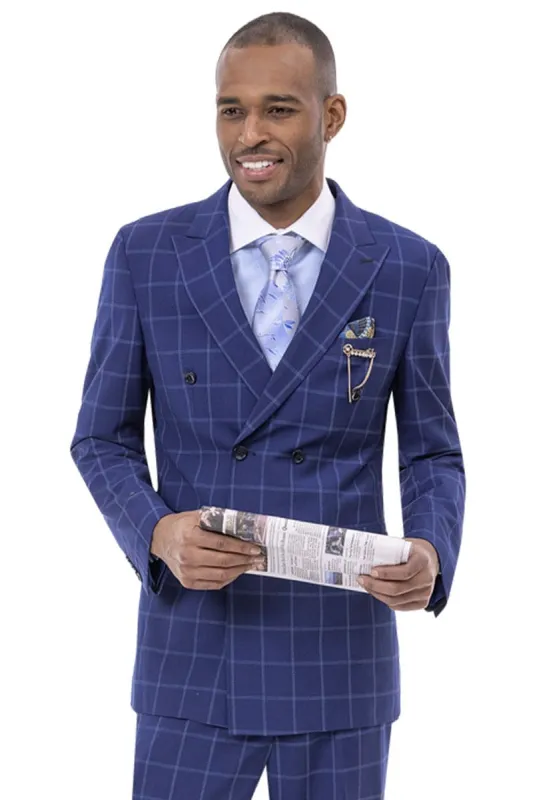 Mens Navy Plaid Suit  Classic Double Breasted Pleated Pant Suit In Navy Blue Windowpane Plaid sold by Alberto Nardoni