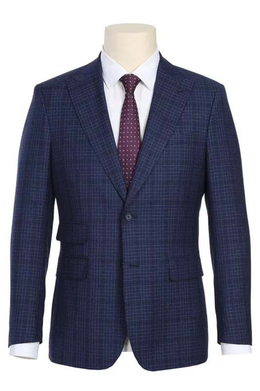 Mens Navy Plaid Suit Designer Two Button Slim Fit Peak Lapel Suit In Navy Blue Overcheck Plaid sold by Alberto Nardoni