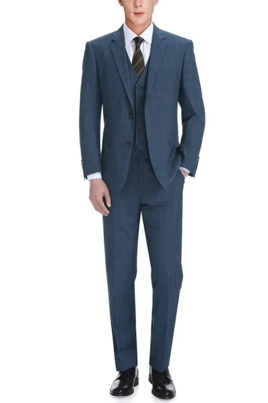 Mens Navy Plaid Suit Two Button Classic Fit Vested Suit In Navy Blue Windowpane Plaid sold by Alberto Nardoni