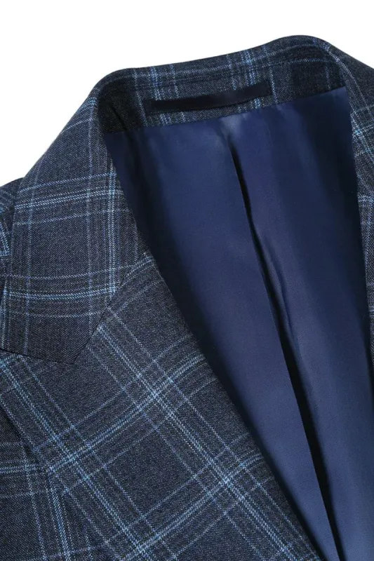 Mens Navy Plaid Suit Two Button Slim Fit Two Piece Summer Suit In Navy Windowpane Plaid sold by Alberto Nardoni