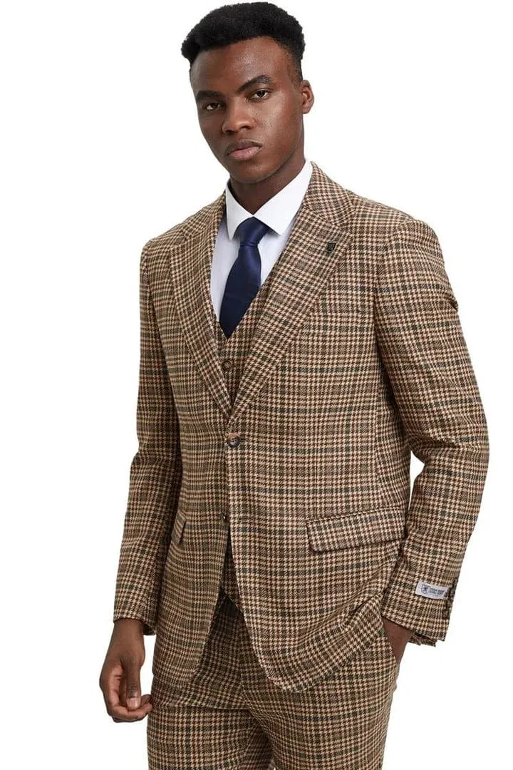 Men's Stacy Adams Vested Modern Fit Houndstooth Glen Plaid in Camel & Green Suit sold by Alberto Nardoni