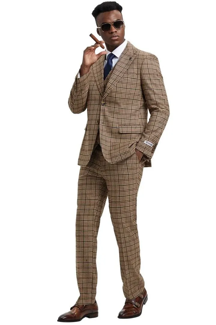Men's Stacy Adams Vested Modern Fit Houndstooth Glen Plaid in Camel & Green Suit sold by Alberto Nardoni product image thumbnail 4