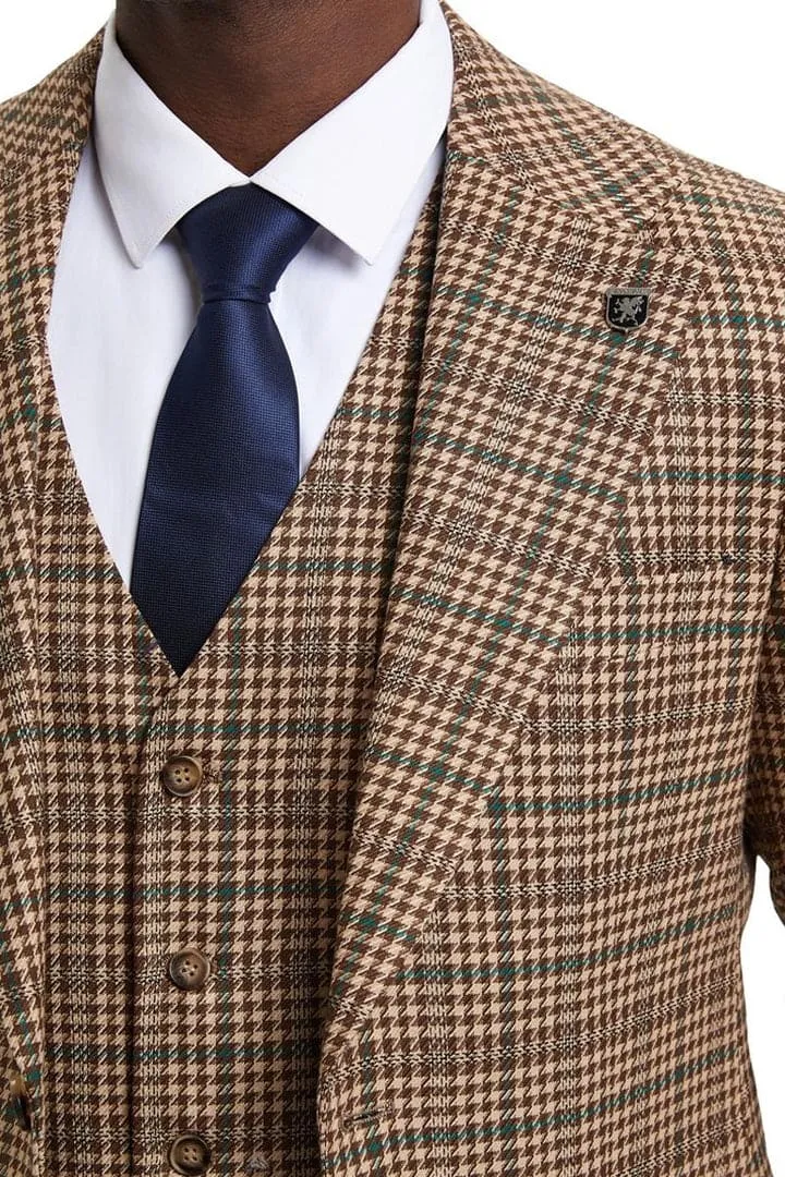 Men's Stacy Adams Vested Modern Fit Houndstooth Glen Plaid in Camel & Green Suit sold by Alberto Nardoni product image thumbnail 2