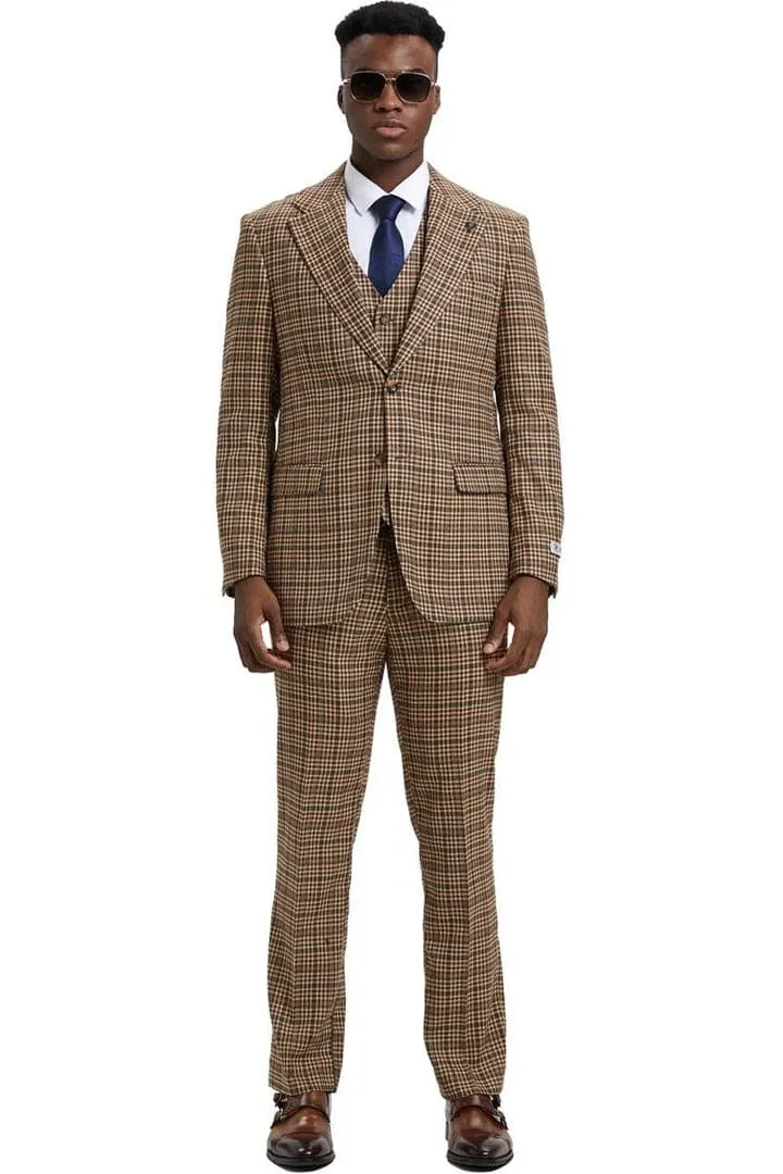Men's Stacy Adams Vested Modern Fit Houndstooth Glen Plaid in Camel & Green Suit sold by Alberto Nardoni product image thumbnail 3