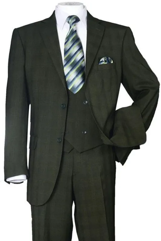 Mens Olive Plaid Suit 2 Button Double Breasted Vest Suit In Olive Windopane Plaid sold by Alberto Nardoni