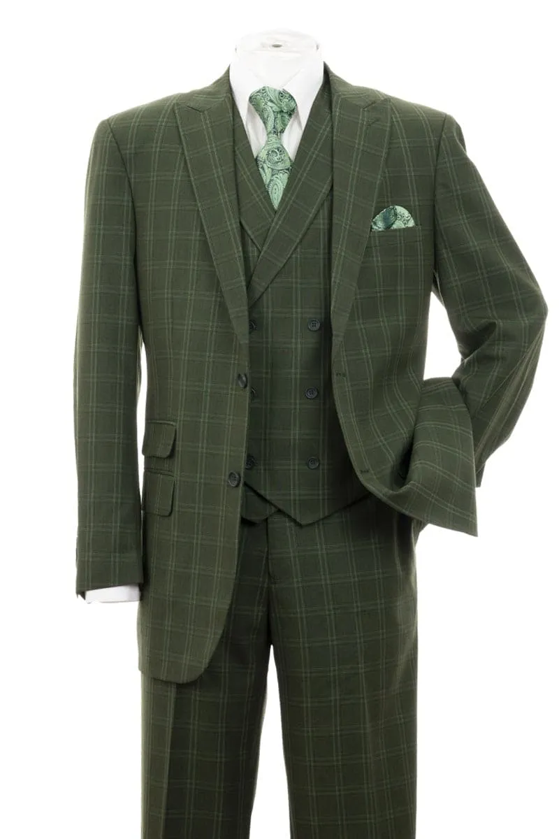 Mens Olive Plaid Suit 2 Button Double Breasted Vest Suit In Olive Windopane Plaid sold by Alberto Nardoni