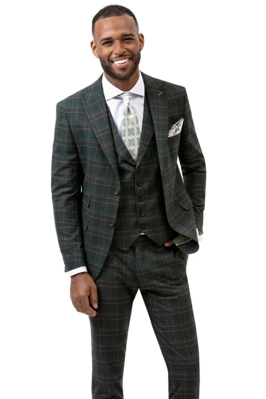 Mens Olive Plaid Suit Two Button Modern Fit Peak Lapel Vested Suit In Dark Hunter Green Windowpane Plaid sold by Alberto Nardoni
