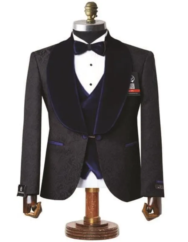 Mens Black With Navy Blue Velvet Lapel 3-Piece Tailored-Fit Tuxedo sold by Alberto Nardoni