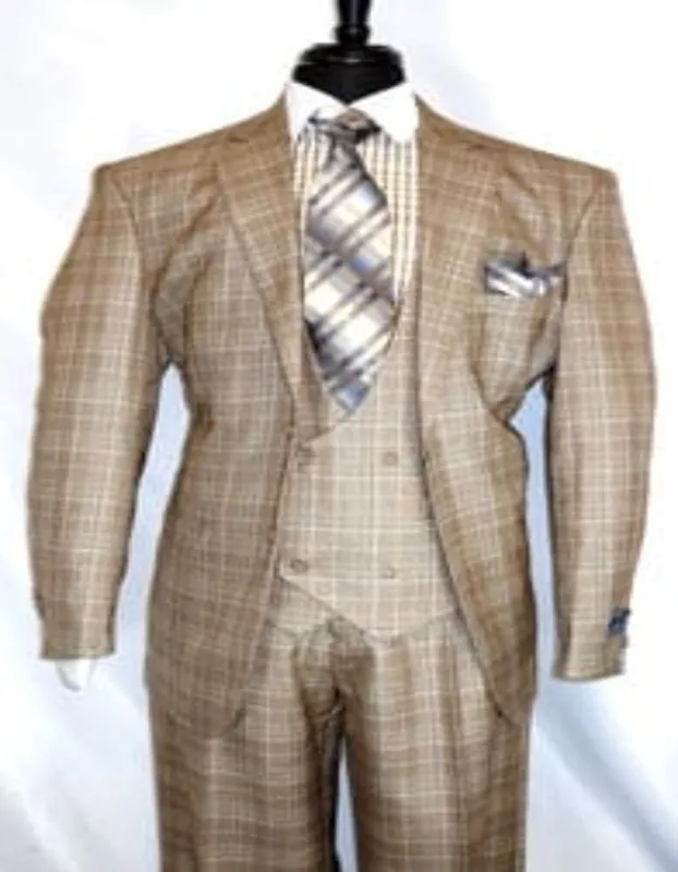 Plaid Suit For Summer - Khaki Color Suit - Camel Suit With Double Breasted Vest in Dark Tan Color sold by Alberto Nardoni