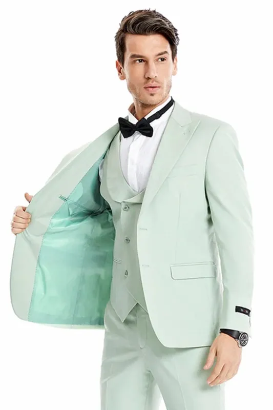 Mens Two Button Vested Peak lapel Pastel Wedding & Prom Suit in Mint Green sold by Alberto Nardoni
