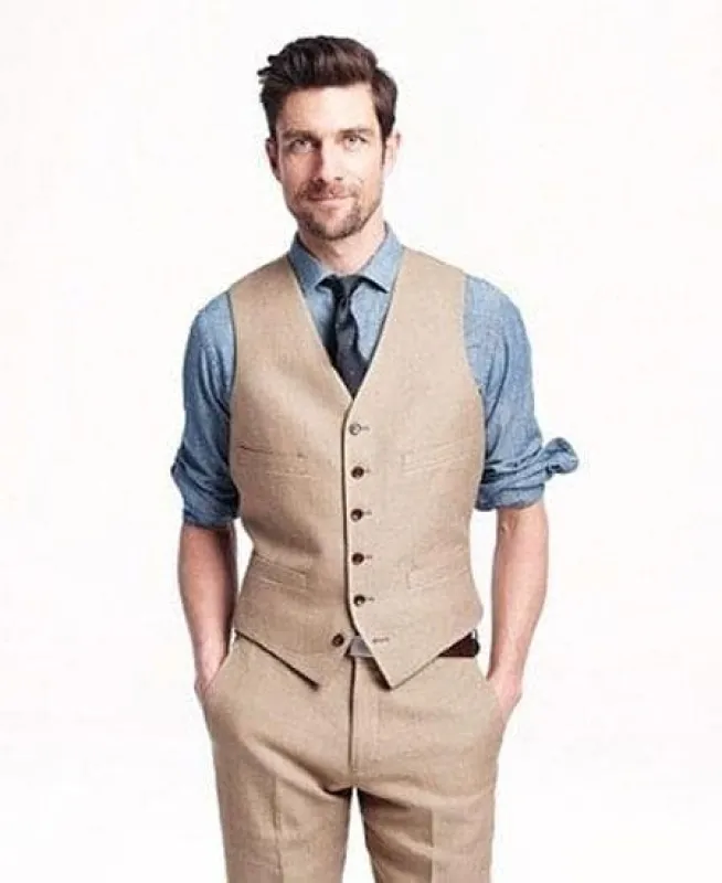 Mens Linen Vest And Pants Set - Wedding Summer Vest  in Taupe sold by Alberto Nardoni